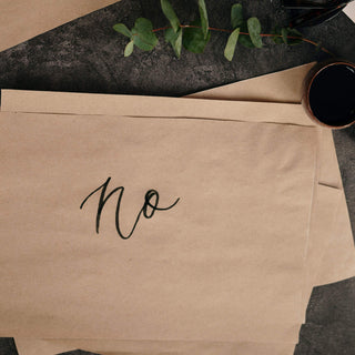 Say No - Image of the word "no" written on a plain brown sheet of paper