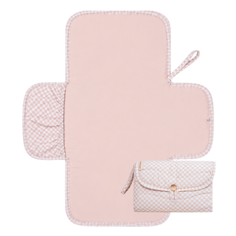 Open and folded view of toddlekind baby portable changing clutch mini maven check powder highlighting functional design. Alt Img