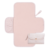 Open and folded view of toddlekind baby portable changing clutch mini maven check powder highlighting functional design. Alt Img