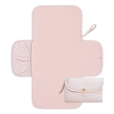 Open and folded view of toddlekind baby portable changing clutch mini maven check powder highlighting functional design. Alt Img
