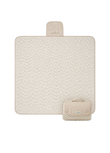 Flat lay product image of a floral play mat with a folded corner showing the underside, displaying the toddlekind portable water resistant wander classic play mat botanical earthen design and material. Alt Img